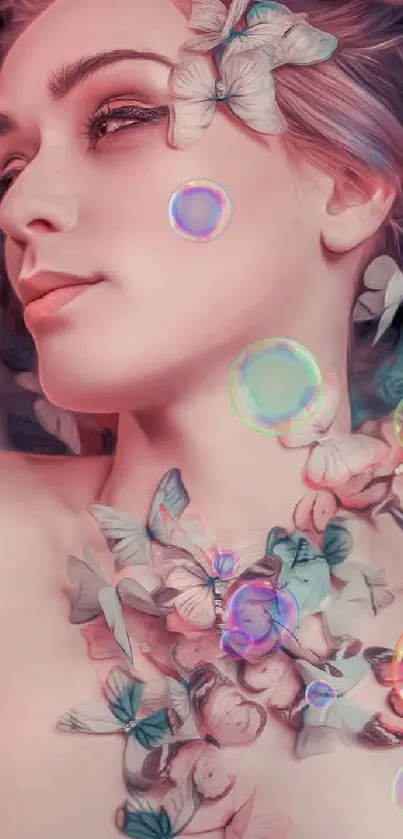 A surreal portrait with butterflies on peach tones, in a dreamy artistic style.