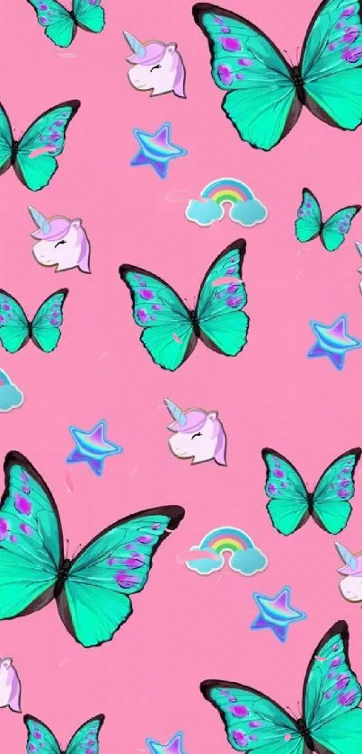 Colorful butterfly and unicorn wallpaper with rainbows on a pink background.