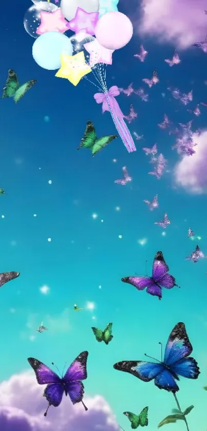 Whimsical wallpaper with butterflies and balloons in a dreamy sky.