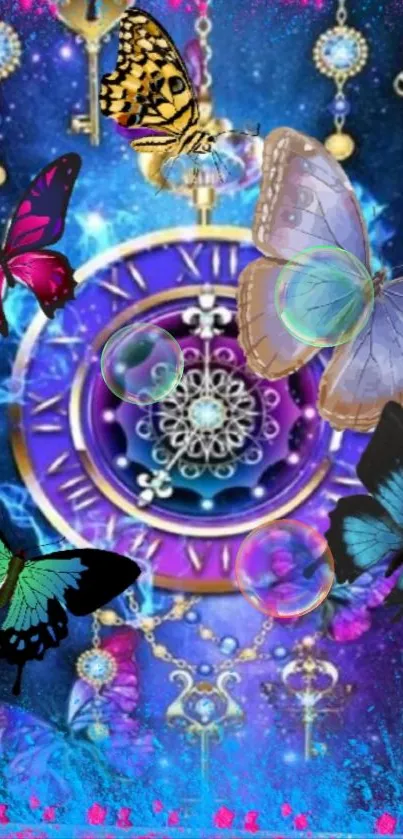 Vibrant wallpaper with butterflies, cosmic clock, and mystical keys.