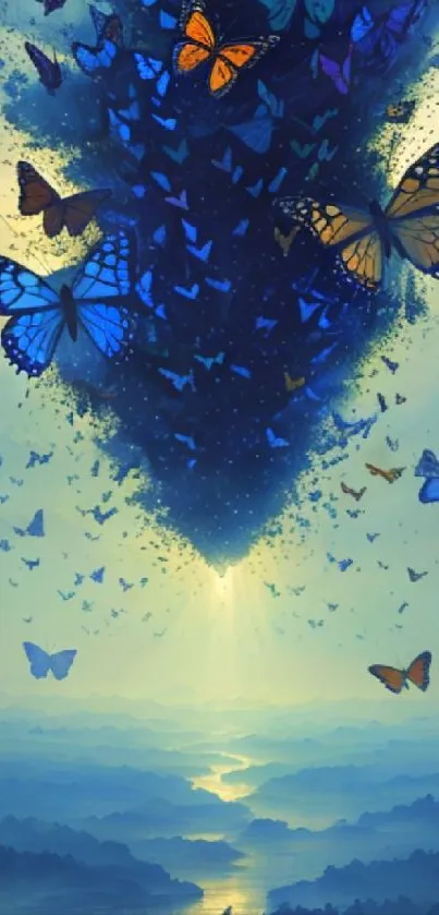 Colorful butterflies swarm in a dreamy blue landscape.