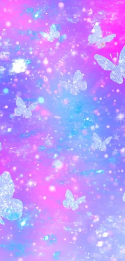 Ethereal butterflies on a purple galaxy backdrop with stars.