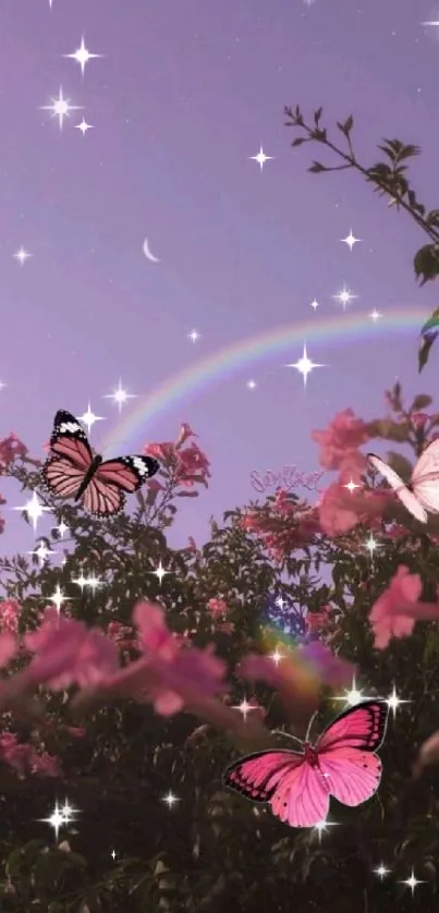 Pink blossoms and butterflies under a pastel purple sky with a rainbow.