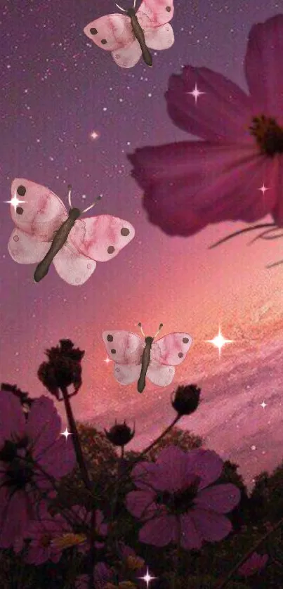 Purple night sky with butterflies and pink flowers.