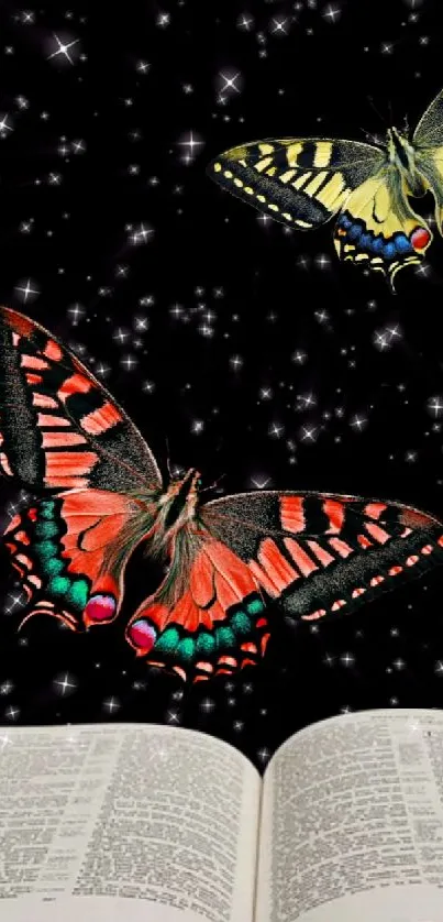 Butterflies soar above an open book at night.