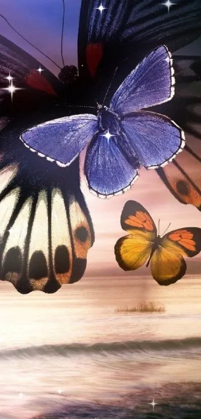 Violet and orange butterflies soar over a tranquil landscape.