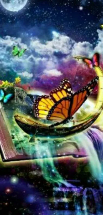 Colorful butterfly on a moonlit fantasy scene with waterfall and night sky.