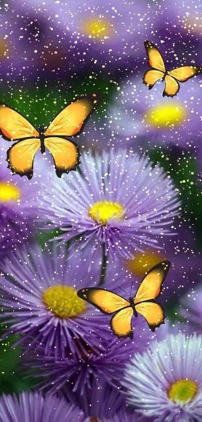 Orange butterflies flutter over purple flowers in a dreamy mobile wallpaper.