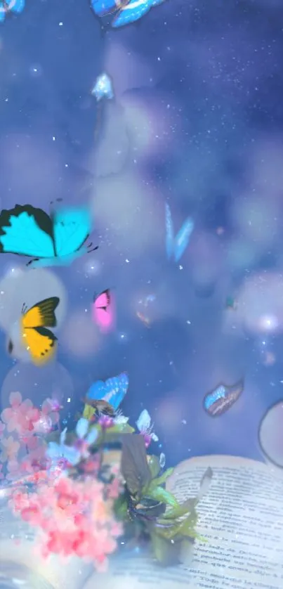 Vivid butterflies on an open book against a dreamy blue background with floral accents.