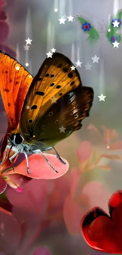 Fantasy butterfly with hearts and floral backdrop.