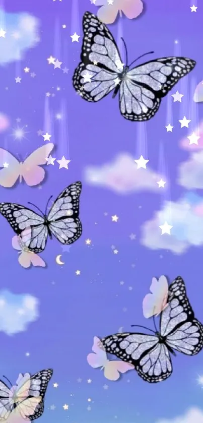 Purple butterfly wallpaper with clouds and stars, creating a magical ambiance.