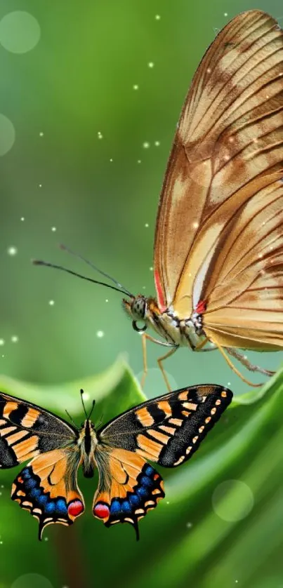 Two colorful butterflies rest gracefully on a vibrant green leaf.