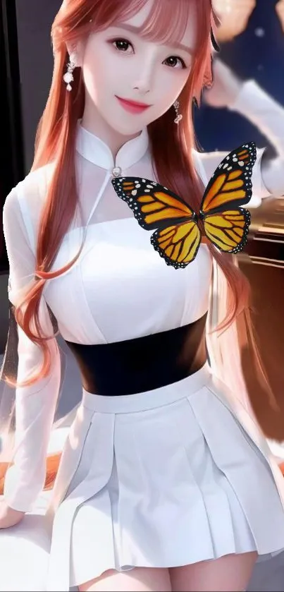 Anime girl with butterfly on white dress.