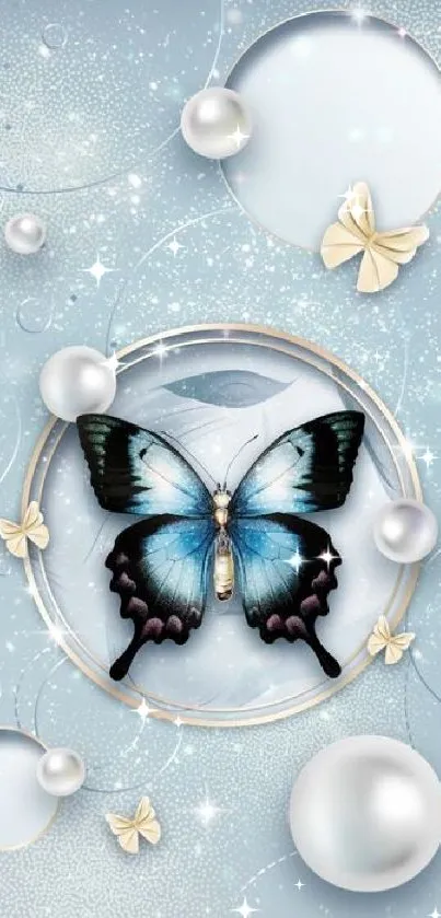 Elegant butterfly on blue background with pearl bubbles.