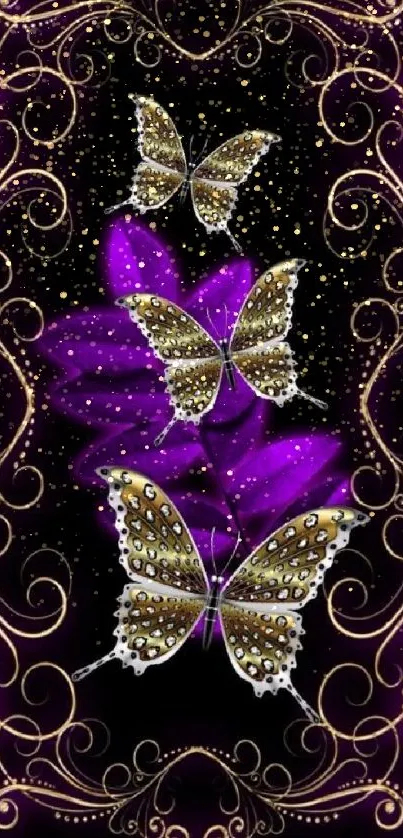 Purple background with golden butterflies in ornate design.