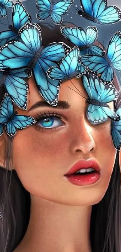 Blue butterflies cascading over a woman's face in a vibrant, artistic design.