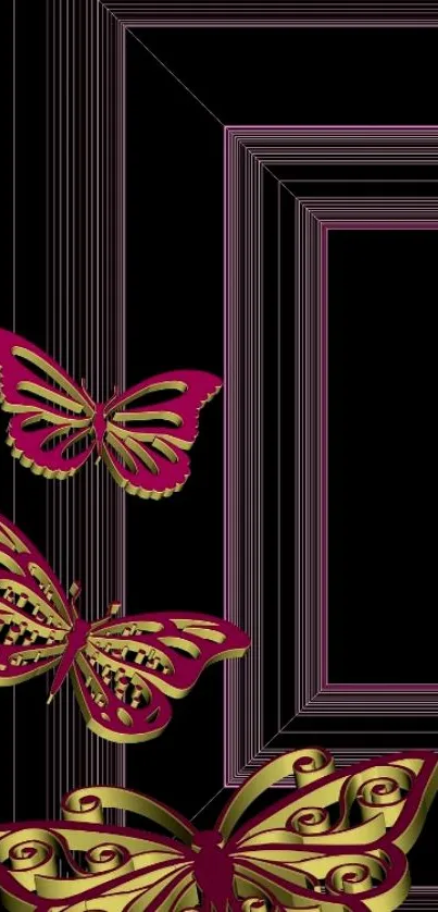 Elegant gold and magenta butterflies on black background.