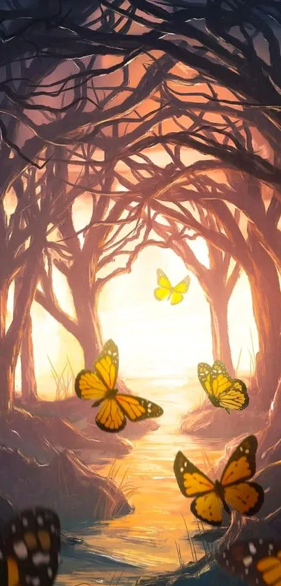 Magical forest with butterflies and sunset glow mobile wallpaper.