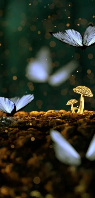 Butterflies hovering over glowing mushrooms in a dark enchanted forest.