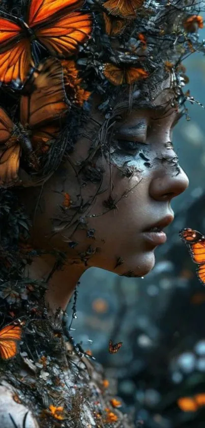 A mystical portrait enveloped in vibrant butterflies.