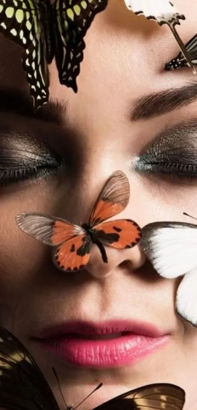 Closeup of a face with butterflies gracefully placed as makeup art.