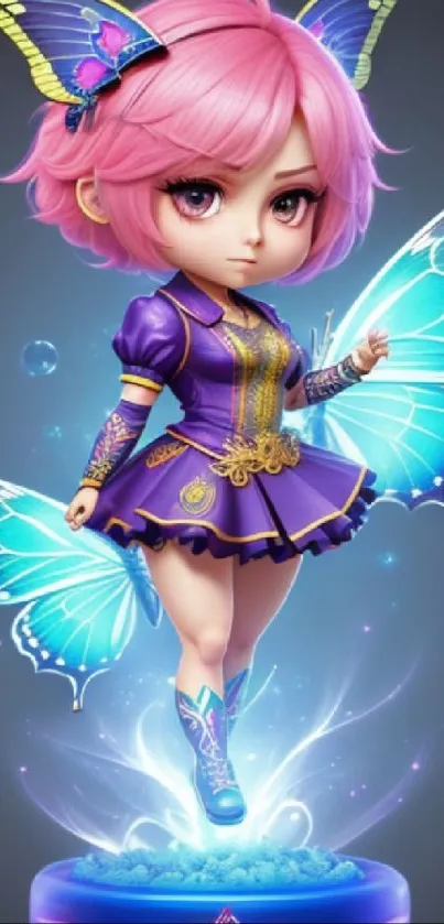 Charming pink-haired fairy with butterfly wings in fantasy art.