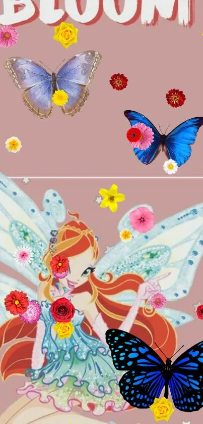 Fantasy fairy with butterflies and flowers on pink background.