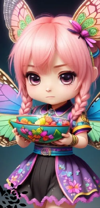 Whimsical fairy with pink hair and butterfly wings, holding a colorful bowl.