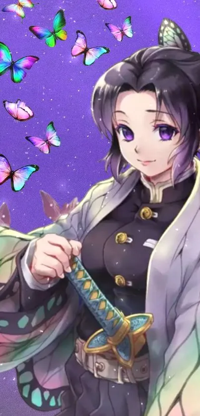 Anime girl with butterflies and purple background wallpaper.