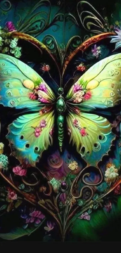 Vibrant fantasy butterfly with floral design on mobile wallpaper background.