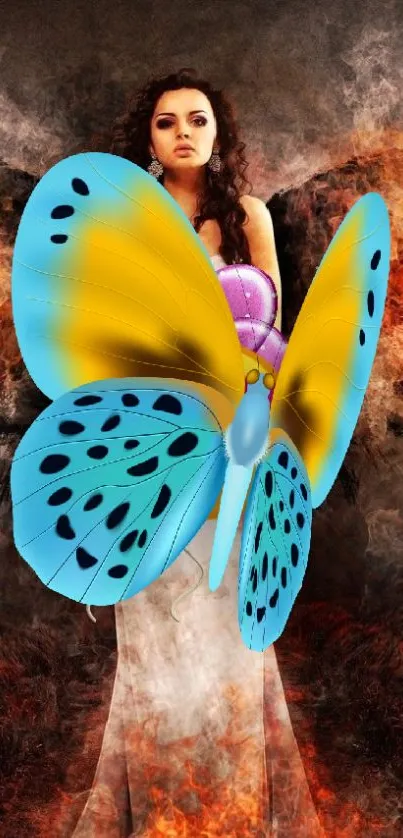 Fantasy artwork with a large butterfly and a mystical woman in vibrant colors.