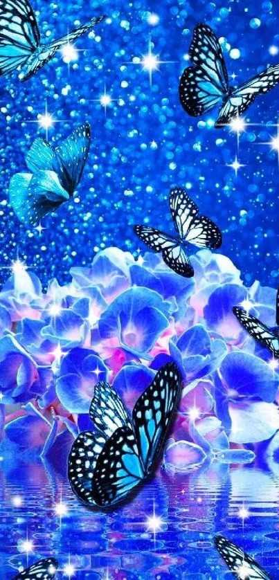 Blue butterfly fantasy wallpaper with sparkles and hydrangeas.