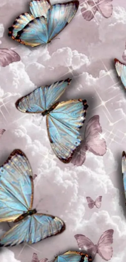 Blue butterflies on lavender cloud background creating a fantasy scene.