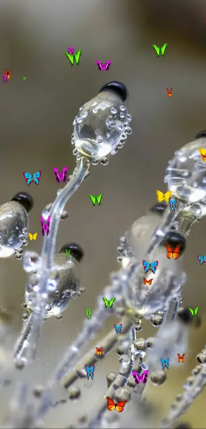 Crystal formations with colorful butterflies, creating a fantasy theme on mobile wallpaper.