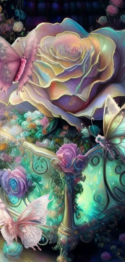 Colorful fantasy wallpaper with butterflies and flowers.