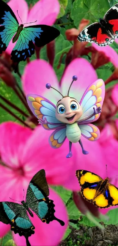 Colorful butterflies and fantasy character on pink flowers.