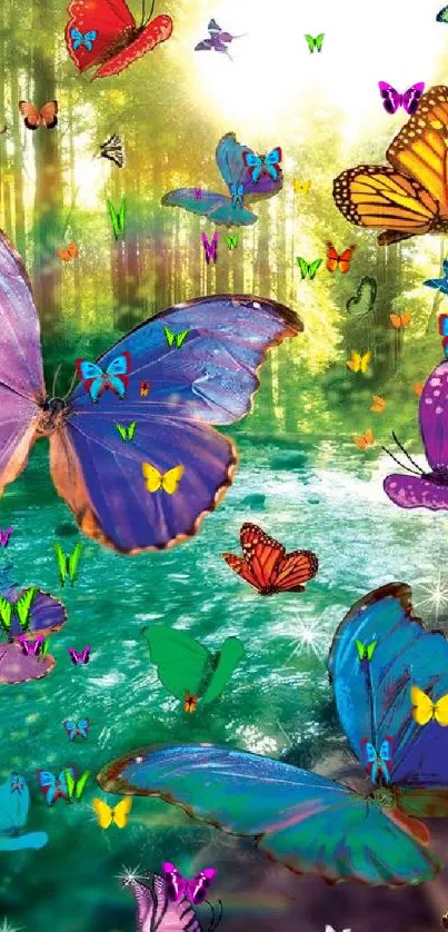 Colorful butterflies fluttering through a sunlit green forest scene.