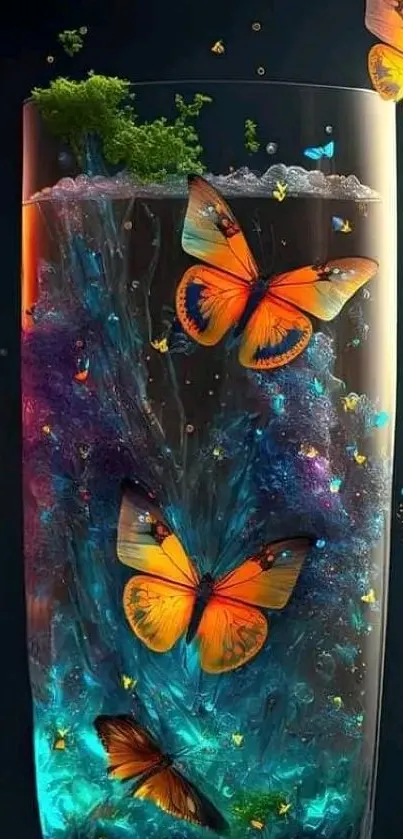 Artistic glass with butterflies in vibrant colors and light effects.