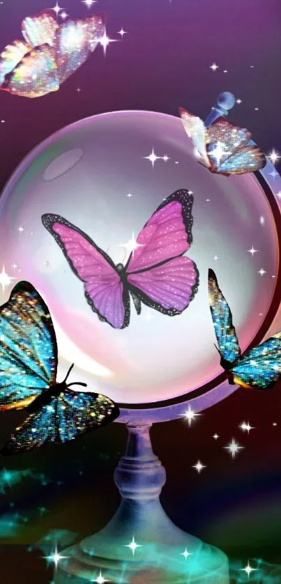 Fantasy globe with butterflies in vibrant colors and a magical atmosphere.