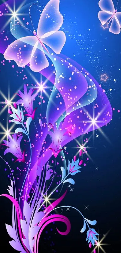 Fantasy butterfly and floral design on a vibrant blue background.