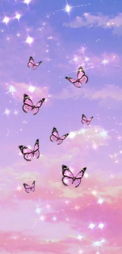 Purple sky with butterflies and glittery stars, ideal for mobile wallpaper.