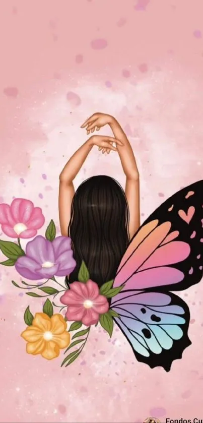 Whimsical fairy with butterfly wings and flowers on pink background.