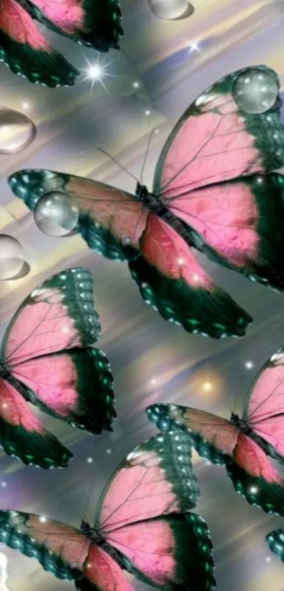 Vibrant pink butterflies on a dreamy background with sparkles.