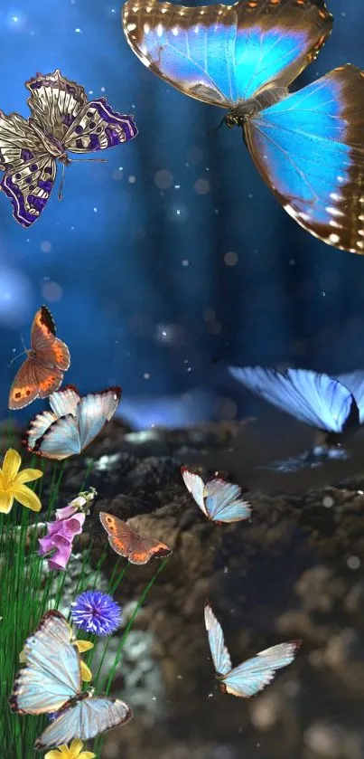 Blue butterflies on colorful floral background.