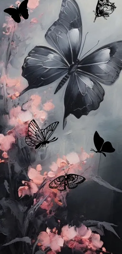 Mobile wallpaper with black butterflies and pink flowers