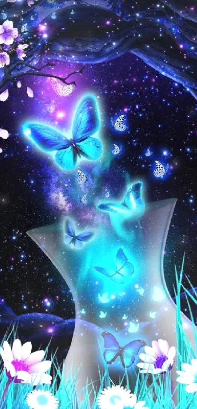 Blue butterflies and flowers under a starry sky wallpaper.