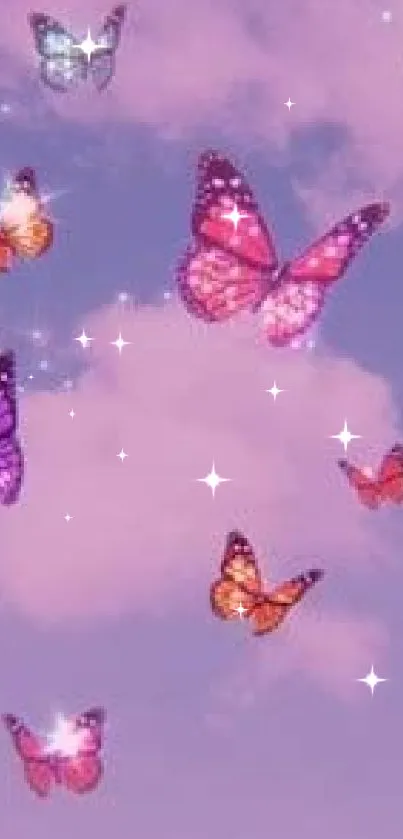 Dreamy butterfly sky wallpaper with pink clouds and vibrant colors.