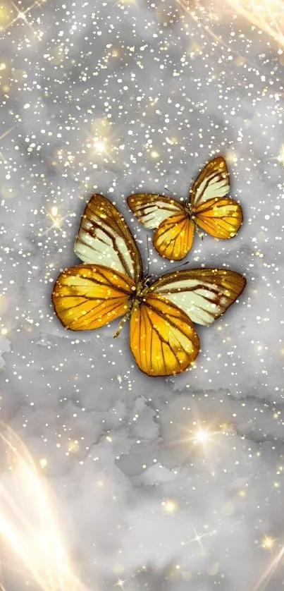 Golden butterflies with shimmering stars on a mystical mobile wallpaper.