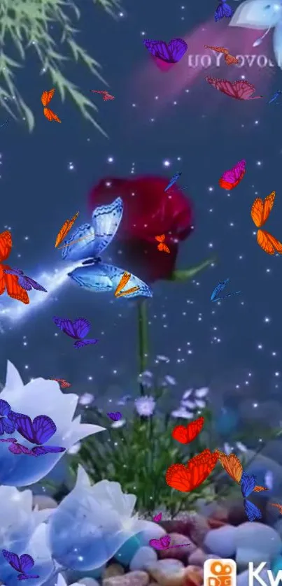 Enchanting wallpaper with butterflies and red rose on a blue night backdrop.