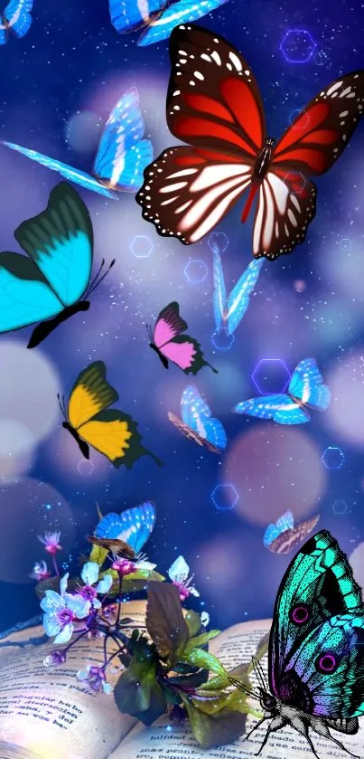 Colorful butterflies on a blue background with an open book.